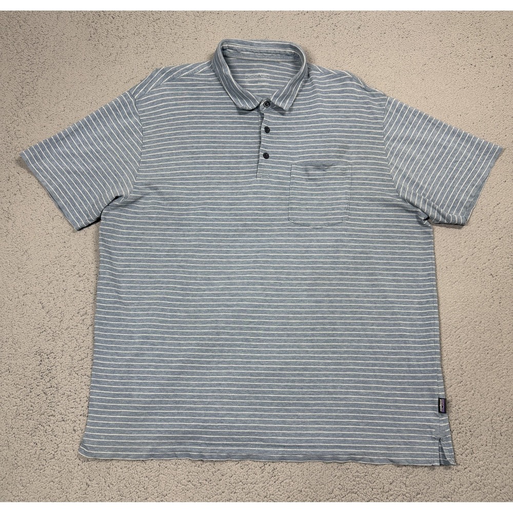 Patagonia Polo Shirt Mens XL Blue Stripe Organic Cotton Pocket Tagless Casual